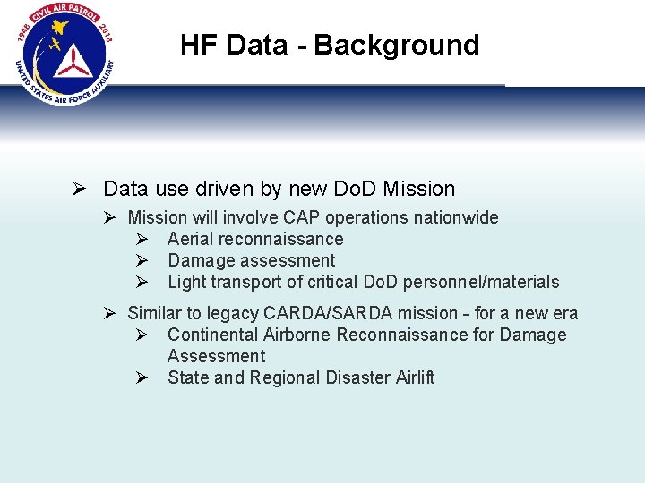 HF Data - Background Ø Data use driven by new Do. D Mission Ø