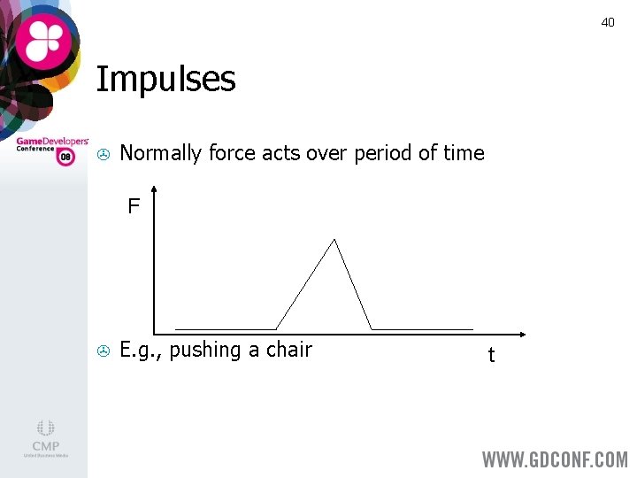 40 Impulses > Normally force acts over period of time F > E. g.