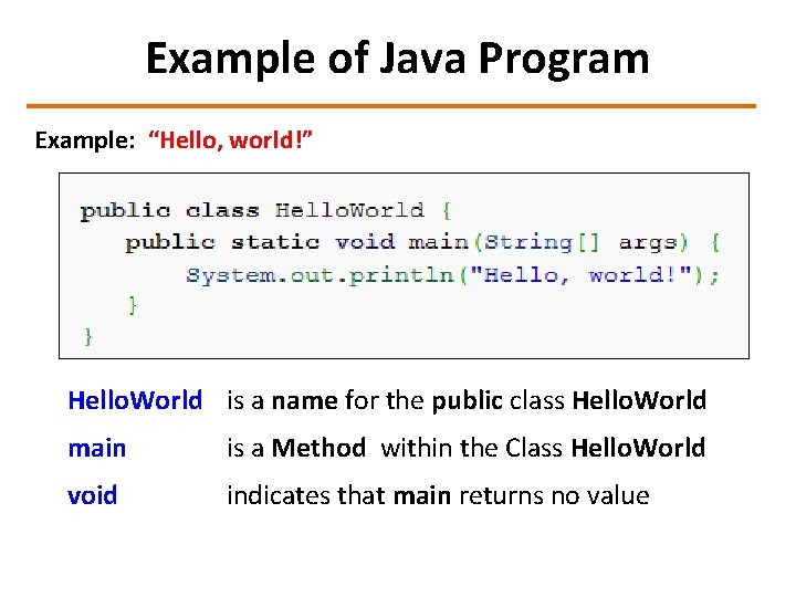 Example of Java Program Example: “Hello, world!” Hello. World is a name for the