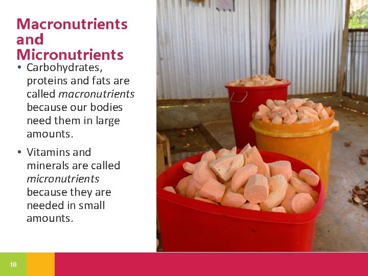 Macronutrients and Micronutrients • Carbohydrates, proteins and fats are called macronutrients because our bodies