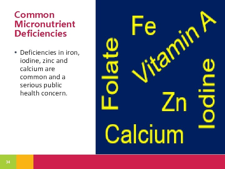 Common Micronutrient Deficiencies • Deficiencies in iron, iodine, zinc and calcium are common and