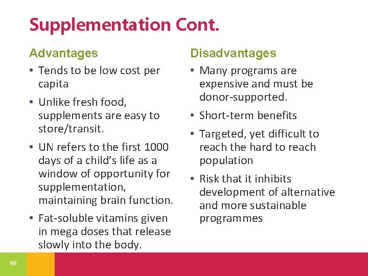 Supplementation Cont. Advantages • Tends to be low cost per capita • Unlike fresh