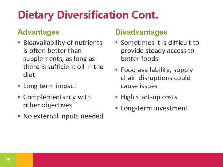 Dietary Diversification Cont. Advantages • Bioavailability of nutrients is often better than supplements, as