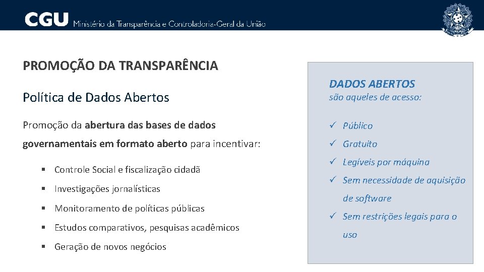 PROMOÇÃO DA TRANSPARÊNCIA Política de Dados Abertos DADOS ABERTOS são aqueles de acesso: Promoção