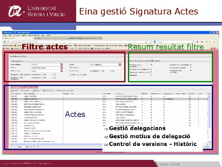 Eina gestió Signatura Actes Filtre actes Actes Resum resultat filtre 