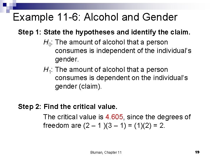 Example 11 -6: Alcohol and Gender Step 1: State the hypotheses and identify the