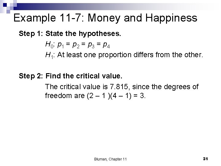 Example 11 -7: Money and Happiness Step 1: State the hypotheses. H 0: p