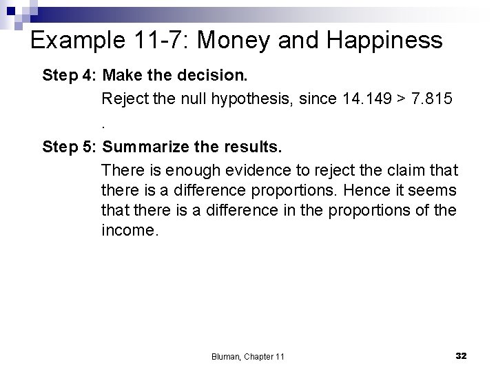 Example 11 -7: Money and Happiness Step 4: Make the decision. Reject the null