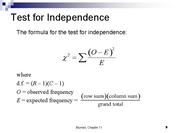 Test for Independence The formula for the test for independence: where d. f. =