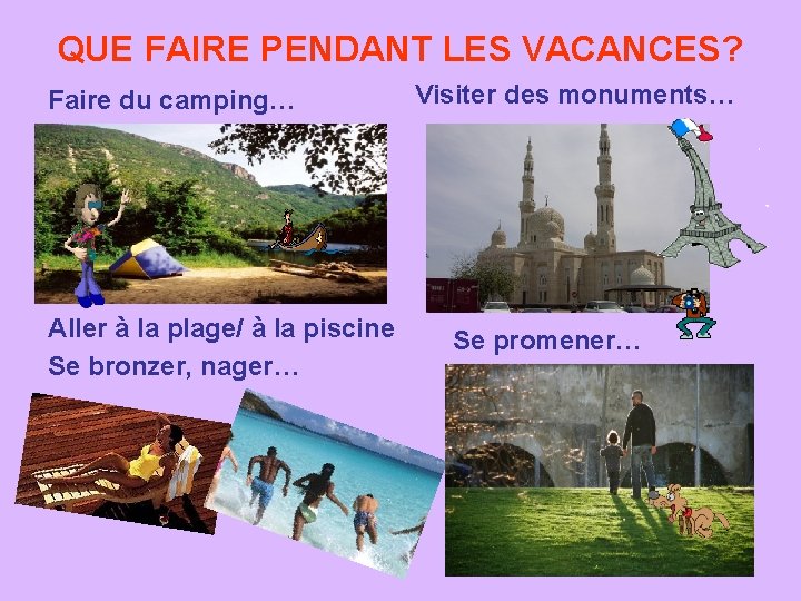 QUE FAIRE PENDANT LES VACANCES? Faire du camping… Aller à la plage/ à la