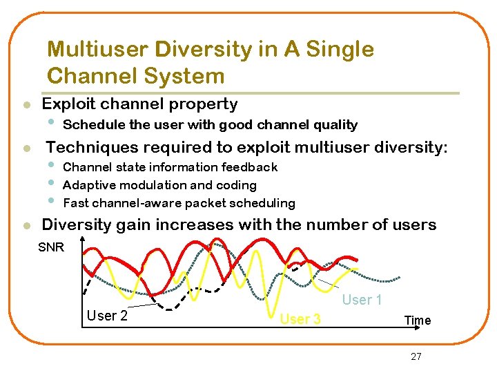 Multiuser Diversity in A Single Channel System l l l Exploit channel property •