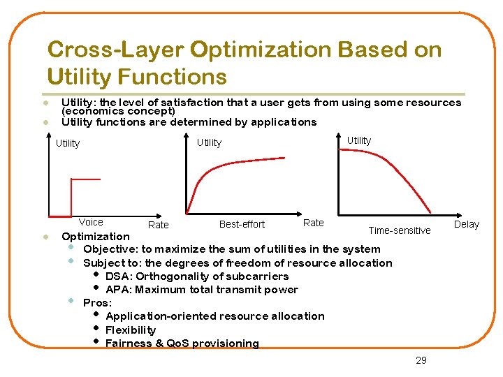 Cross-Layer Optimization Based on Utility Functions l l Utility: the level of satisfaction that