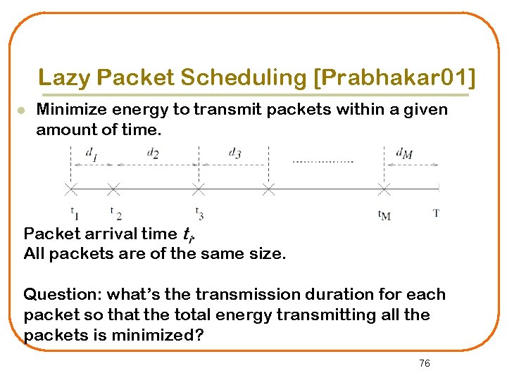 Lazy Packet Scheduling [Prabhakar 01] l Minimize energy to transmit packets within a given