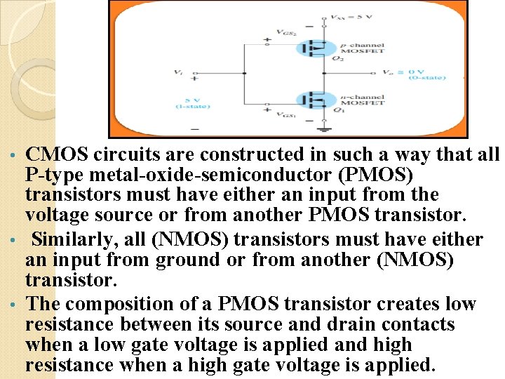 CMOS circuits are constructed in such a way that all P-type metal-oxide-semiconductor (PMOS) transistors