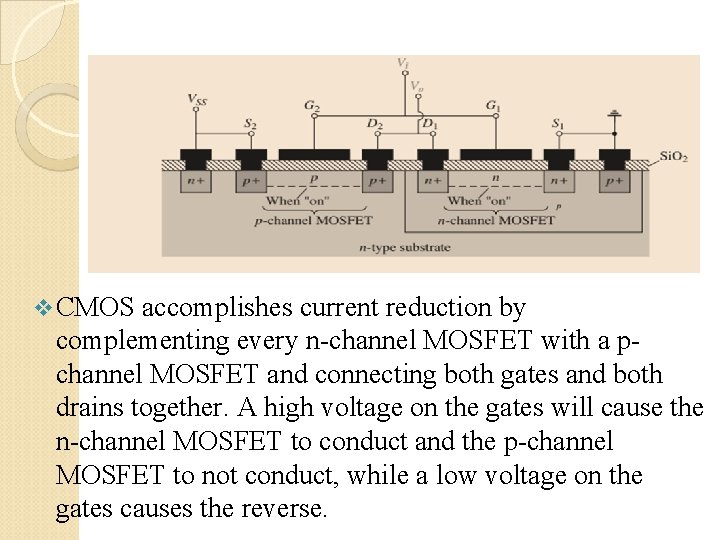 v CMOS accomplishes current reduction by complementing every n-channel MOSFET with a pchannel MOSFET