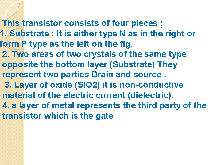 This transistor consists of four pieces ; 1. Substrate : It is either type