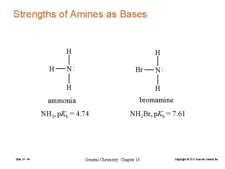 Strengths of Amines as Bases H Br H H bromamine ammonia NH 3, p.