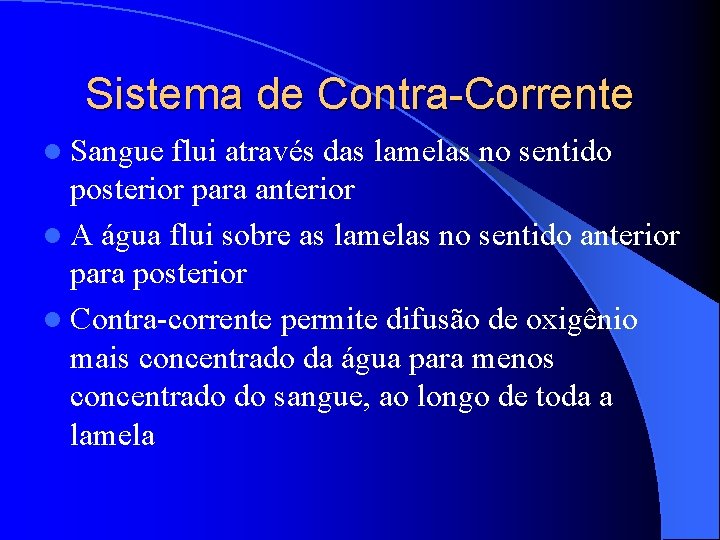 Sistema de Contra-Corrente l Sangue flui através das lamelas no sentido posterior para anterior Sistema de Contra-Corrente l Sangue flui através das lamelas no sentido posterior para anterior
