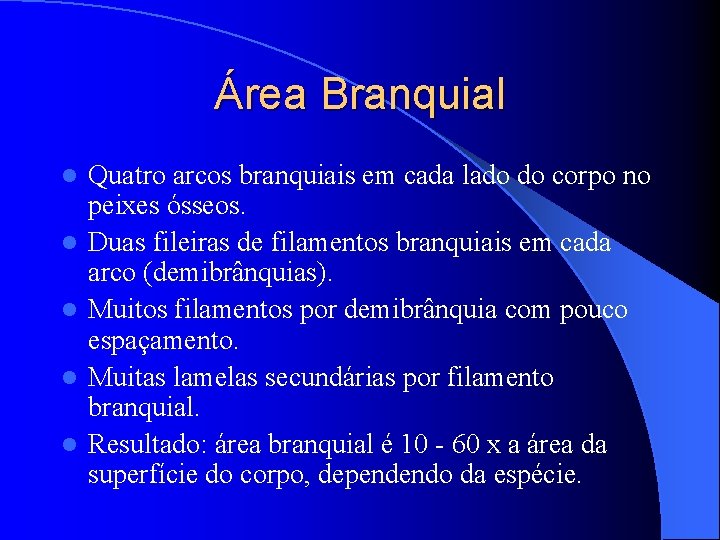 Área Branquial l l Quatro arcos branquiais em cada lado do corpo no peixes Área Branquial l l Quatro arcos branquiais em cada lado do corpo no peixes