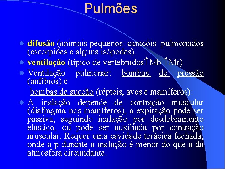 Pulmões difusão (animais pequenos: caracóis pulmonados (escorpiões e alguns isópodes). l ventilação (típico de Pulmões difusão (animais pequenos: caracóis pulmonados (escorpiões e alguns isópodes). l ventilação (típico de