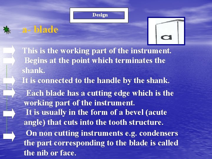 Design a- blade This is the working part of the instrument. Begins at the