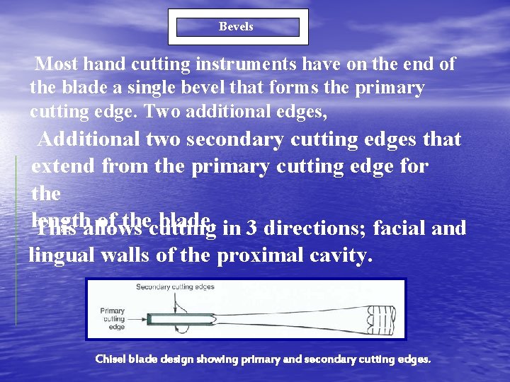 Bevels Most hand cutting instruments have on the end of the blade a single
