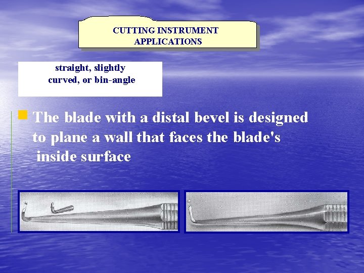 CUTTING INSTRUMENT APPLICATIONS straight, slightly curved, or bin-angle The blade with a distal bevel