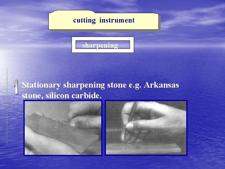 cutting instrument sharpening Stationary sharpening stone e. g. Arkansas stone, silicon carbide. 