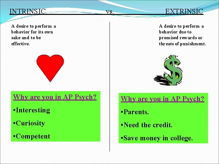 INTRINSIC vs. EXTRINSIC A desire to perform a behavior for its own sake and