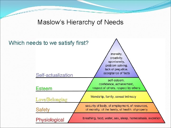 Maslow’s Hierarchy of Needs Which needs to we satisfy first? 