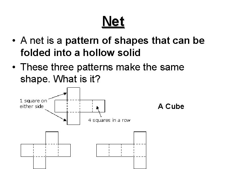 Net • A net is a pattern of shapes that can be folded into