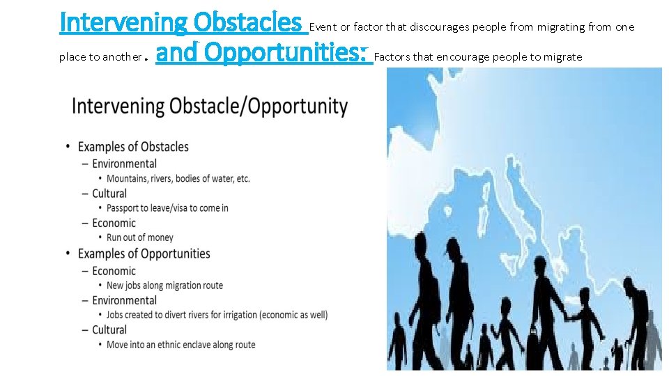 Intervening Obstacles Event or factor that discourages people from migrating from one place to