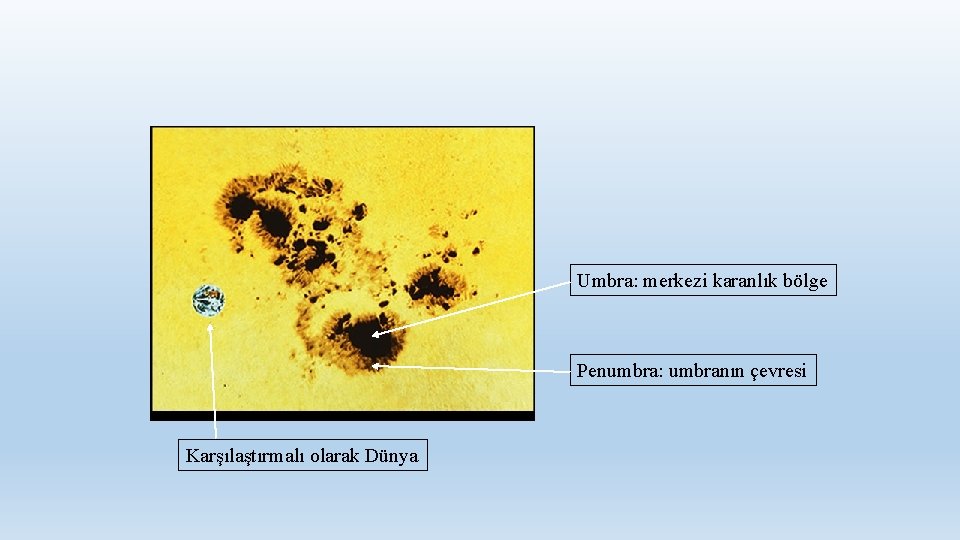 Umbra: merkezi karanlık bölge Penumbra: umbranın çevresi Karşılaştırmalı olarak Dünya 