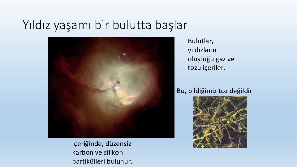 Yıldız yaşamı bir bulutta başlar Bulutlar, yıldızların oluştuğu gaz ve tozu içeriler. Bu, bildiğimiz