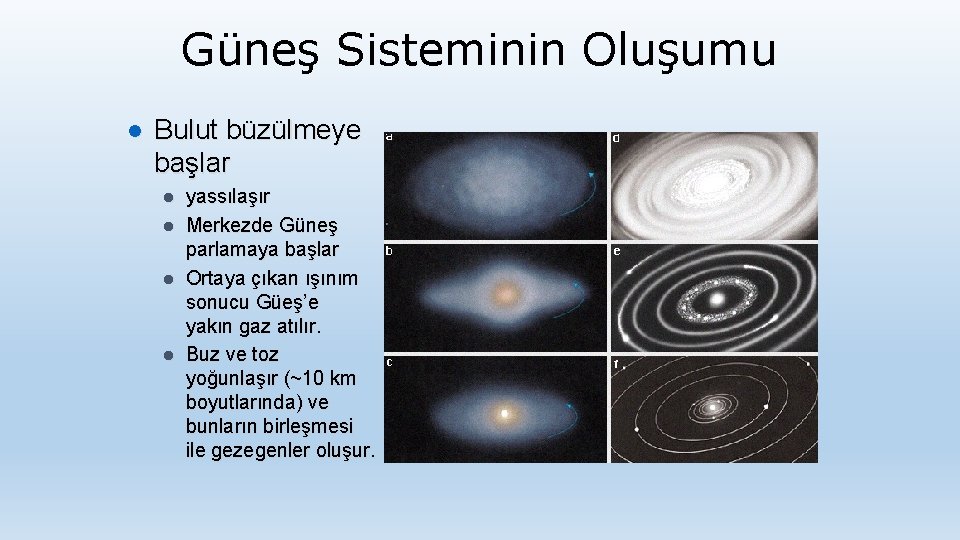 Güneş Sisteminin Oluşumu l Bulut büzülmeye başlar l l yassılaşır Merkezde Güneş parlamaya başlar