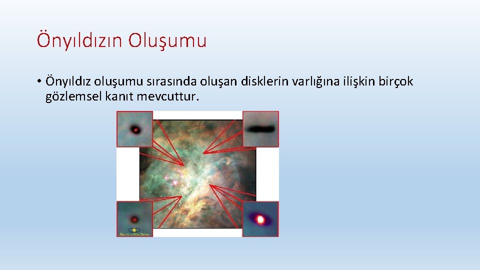 Önyıldızın Oluşumu • Önyıldız oluşumu sırasında oluşan disklerin varlığına ilişkin birçok gözlemsel kanıt mevcuttur.