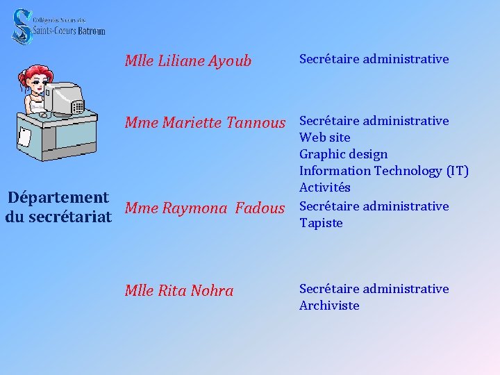 Mlle Liliane Ayoub Secrétaire administrative Mme Mariette Tannous Secrétaire administrative Département Mme Raymona Fadous