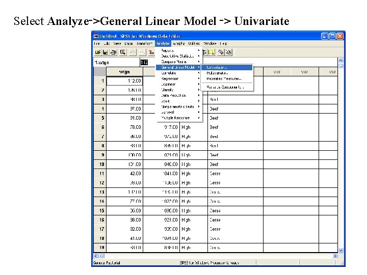 Select Analyze->General Linear Model -> Univariate 