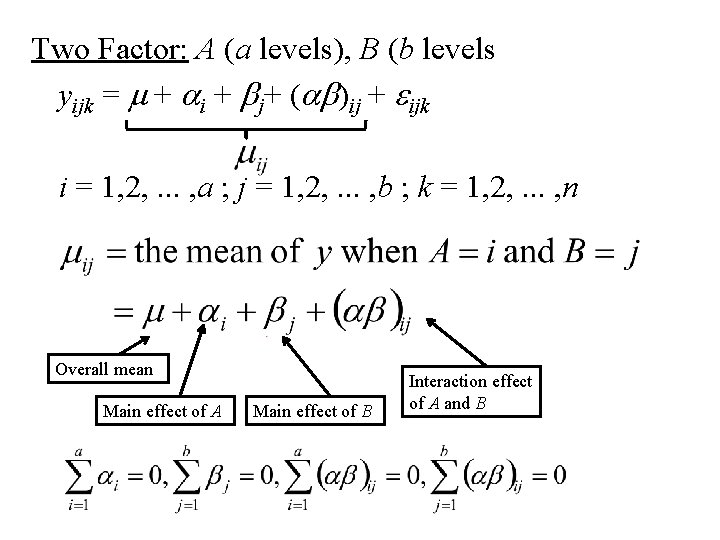 Two Factor: A (a levels), B (b levels yijk = m + ai +