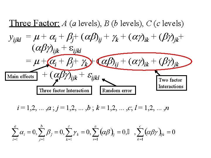 Three Factor: A (a levels), B (b levels), C (c levels) yijkl = m