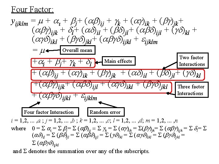 Four Factor: yijklm = m + ai + bj+ (ab)ij + gk + (ag)ik