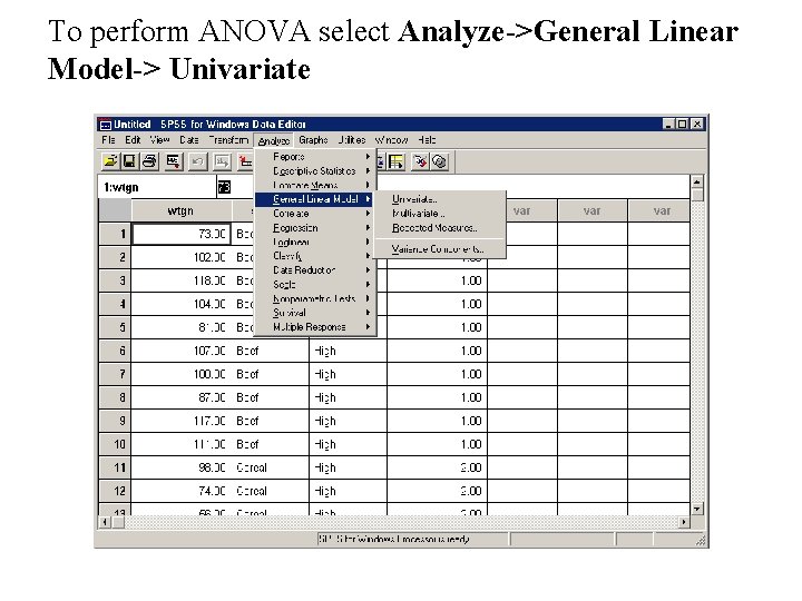 To perform ANOVA select Analyze->General Linear Model-> Univariate 