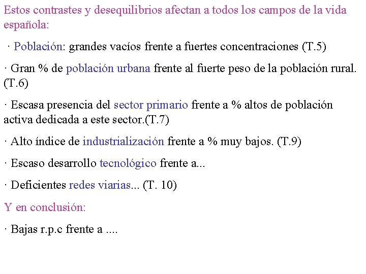 Estos contrastes y desequilibrios afectan a todos los campos de la vida española: ·