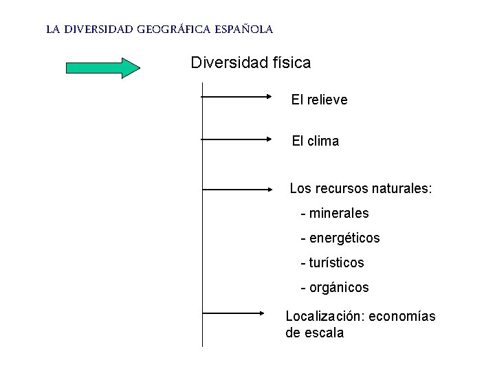 LA DIVERSIDAD GEOGRÁFICA ESPAÑOLA Diversidad física El relieve El clima Los recursos naturales: -