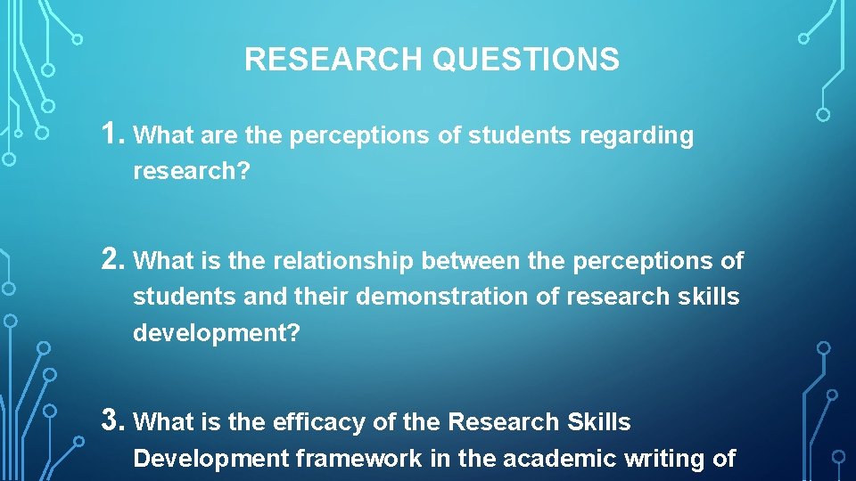 RESEARCH QUESTIONS 1. What are the perceptions of students regarding research? 2. What is