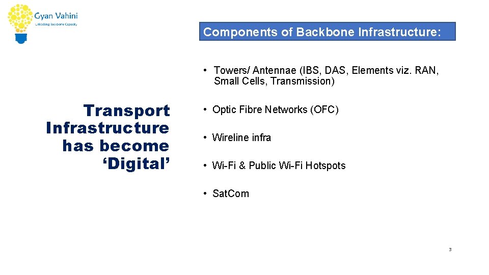 Components of Backbone Infrastructure: • Towers/ Antennae (IBS, DAS, Elements viz. RAN, Small Cells,