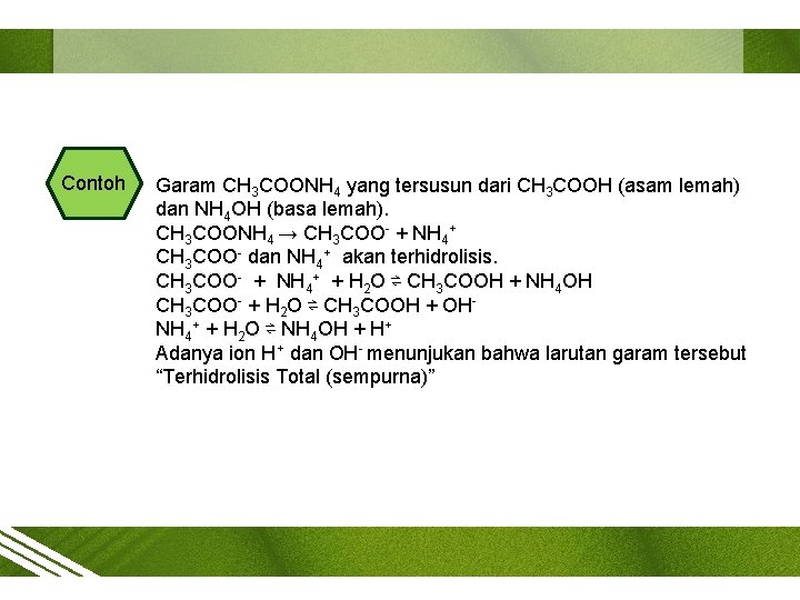 Contoh Garam CH 3 COONH 4 yang tersusun dari CH 3 COOH (asam lemah)