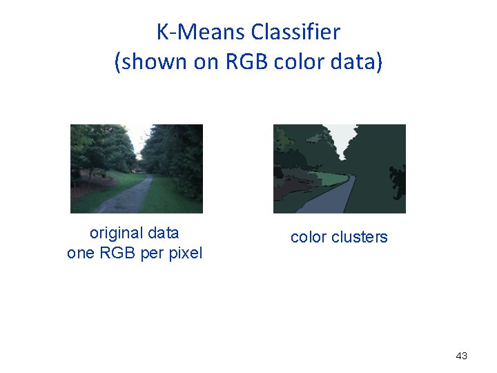 K-Means Classifier (shown on RGB color data) original data one RGB per pixel color K-Means Classifier (shown on RGB color data) original data one RGB per pixel color