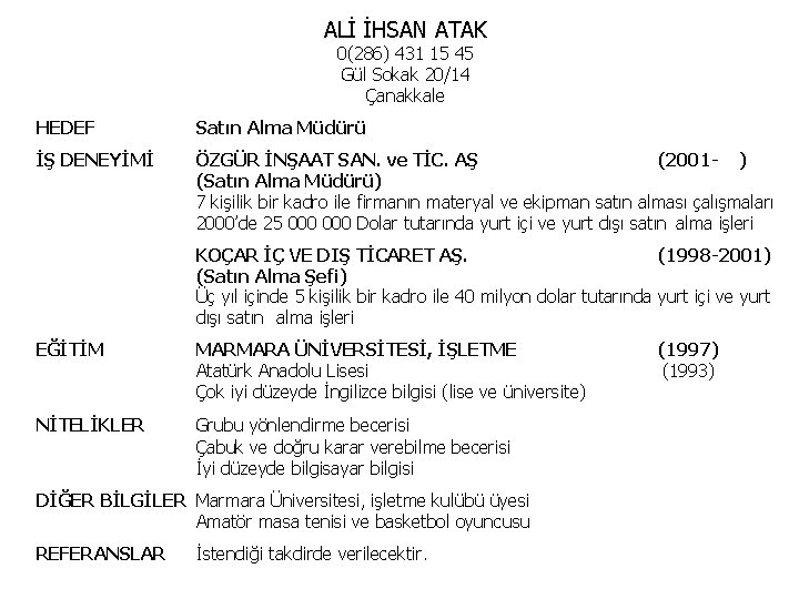 ALİ İHSAN ATAK 0(286) 431 15 45 Gül Sokak 20/14 Çanakkale HEDEF Satın Alma