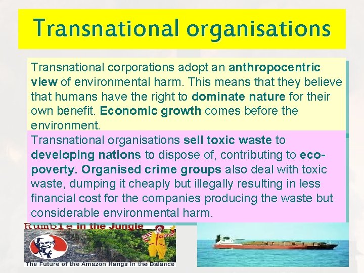 Transnational organisations Transnational corporations adopt an anthropocentric view of environmental harm. This means that